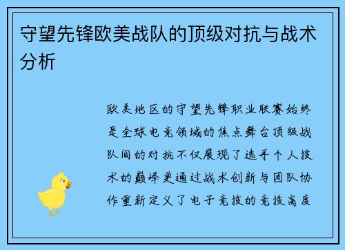 守望先锋欧美战队的顶级对抗与战术分析