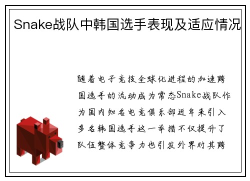 Snake战队中韩国选手表现及适应情况