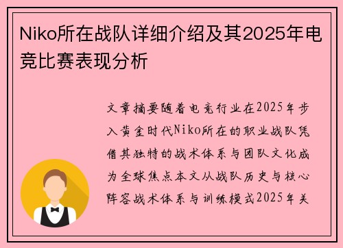 Niko所在战队详细介绍及其2025年电竞比赛表现分析