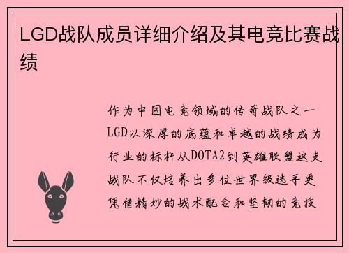 LGD战队成员详细介绍及其电竞比赛战绩